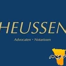 Blue logo with gold “HEUSSEN” text and smaller “Advocaten • Notarissen” text, plus orange mark in the corner