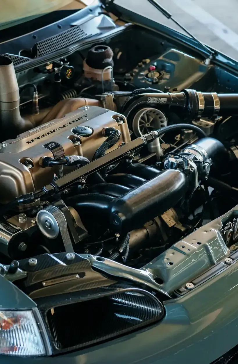 Close-up of a car engine bay with exposed turbo and black intake components under the hood