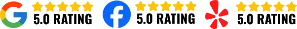 Google, Facebook, and Yelp 5.0 rating badges with logos and yellow stars