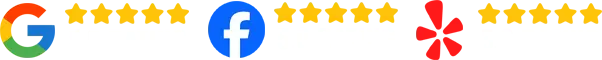 Google, Facebook, and Yelp logos with star ratings on a yellow background