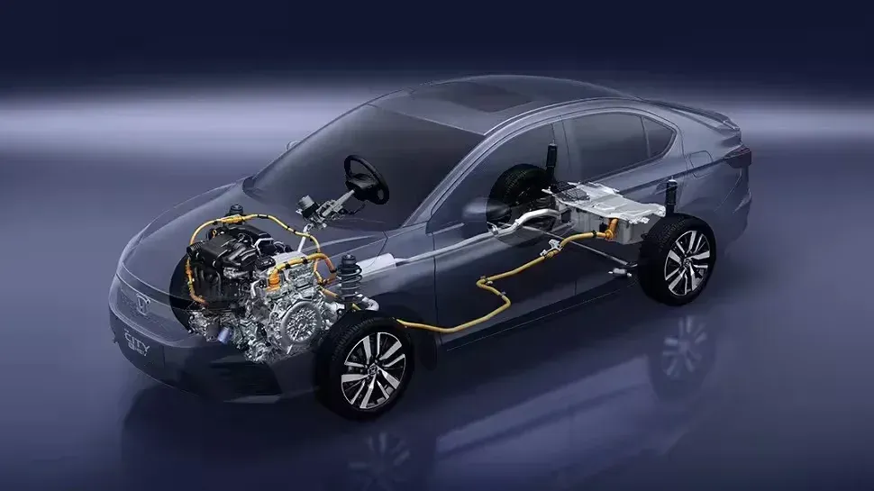 Transparent car cutaway showing an electric vehicle’s battery, motor, and drivetrain components