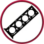 Black diagonal mechanical part with four circular holes inside a red-outlined circle on white background