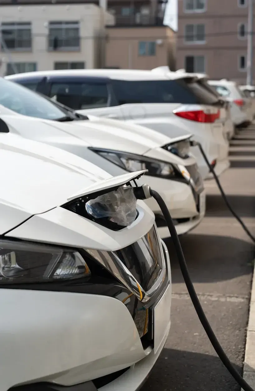 White cars parked in a row in a parking lot, viewed from the front