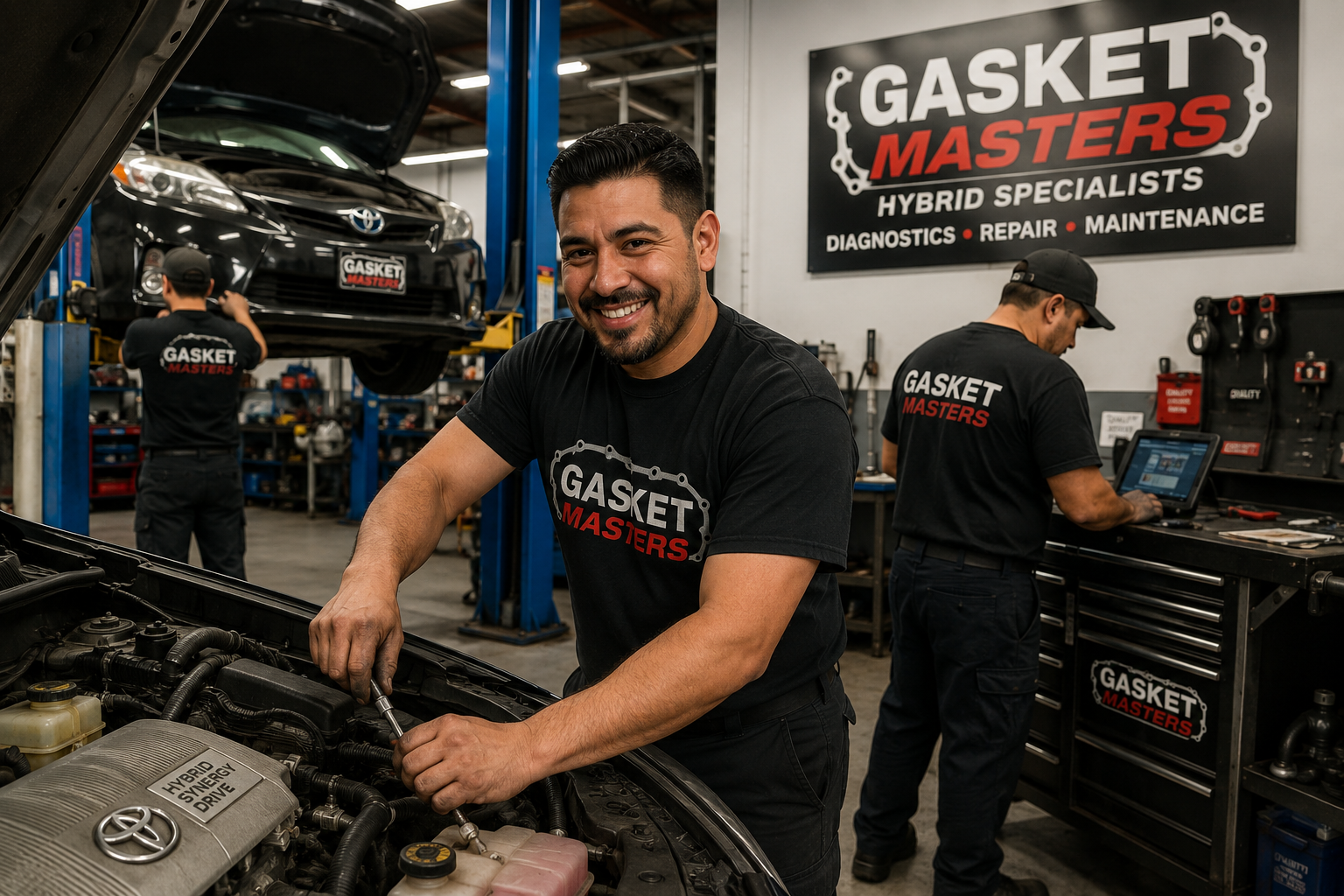 Two mechanics work under an open car hood in a repair shop