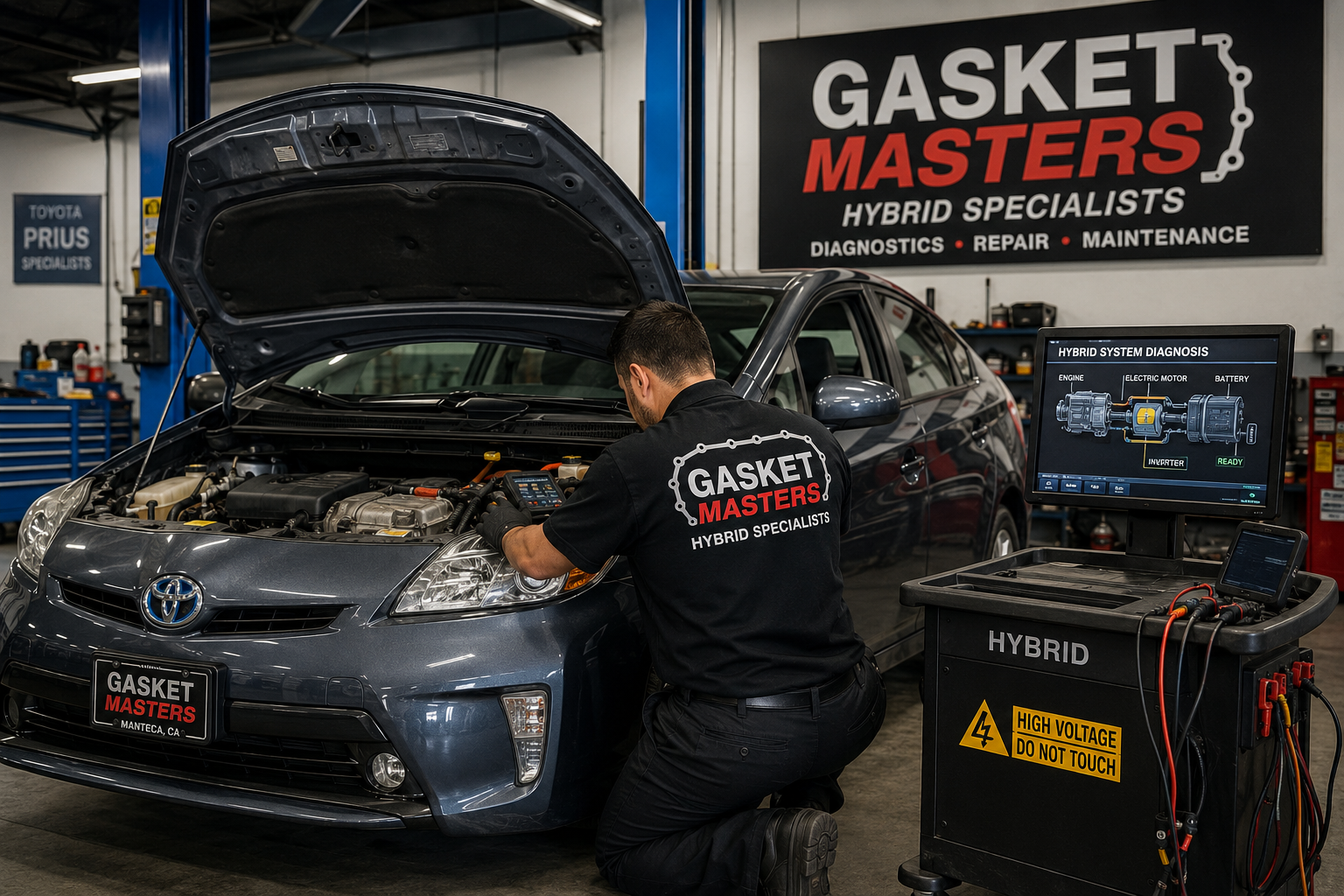 Mechanic checking a car battery and engine components under an open hood