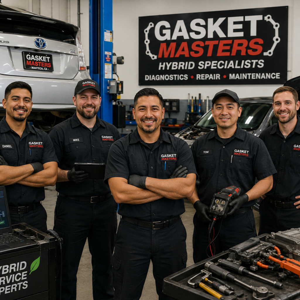 Three mechanics standing in a repair shop with arms crossed, in front of a lifted vehicle and tools.