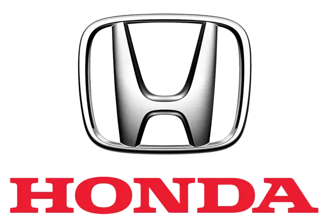 Honda logo with silver emblem and red wordmark on a white background