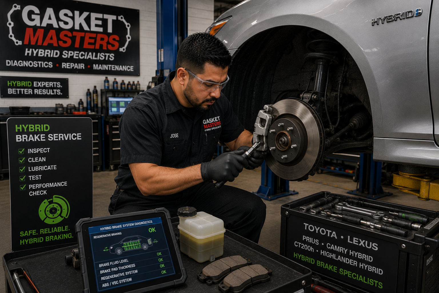 Hands using a brake tool to repair a car’s exposed wheel hub and brake rotor