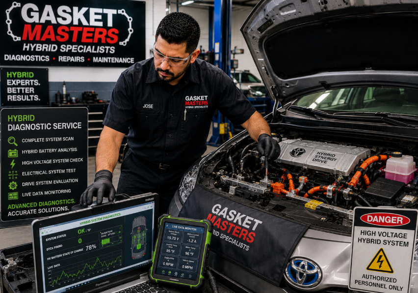 Mechanic holding a laptop in an auto repair shop, with a blue car on a lift in the background