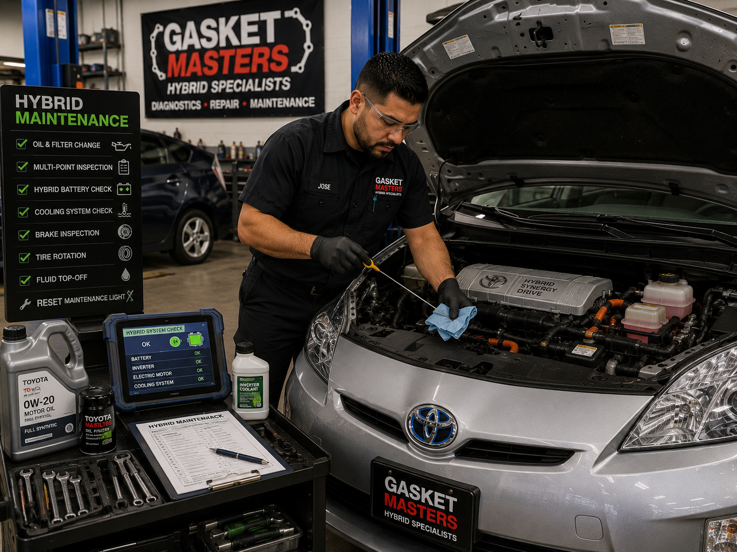 Mechanic rolling a car wheel in a garage workshop with a lifted car in the background