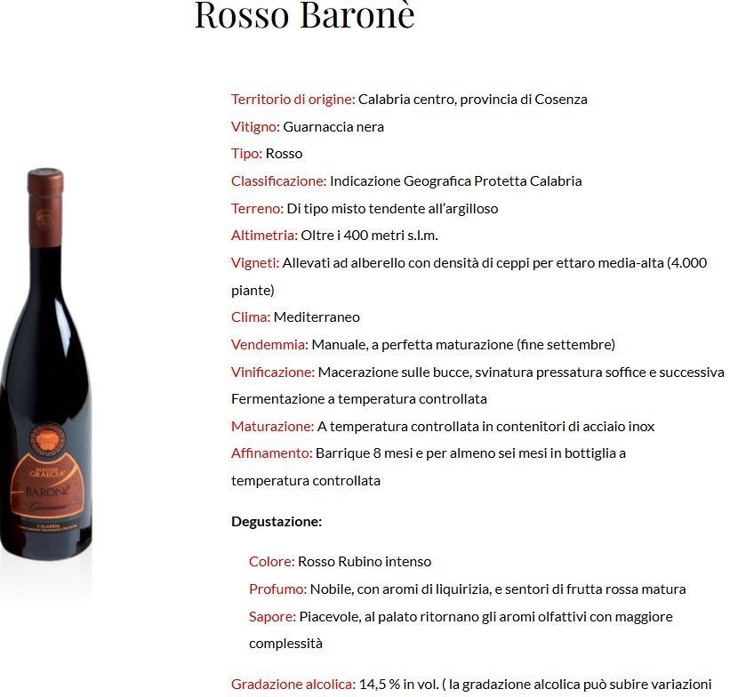 Bottiglia di vino Rosso Barone accanto alla descrizione del prodotto in italiano, su sfondo bianco