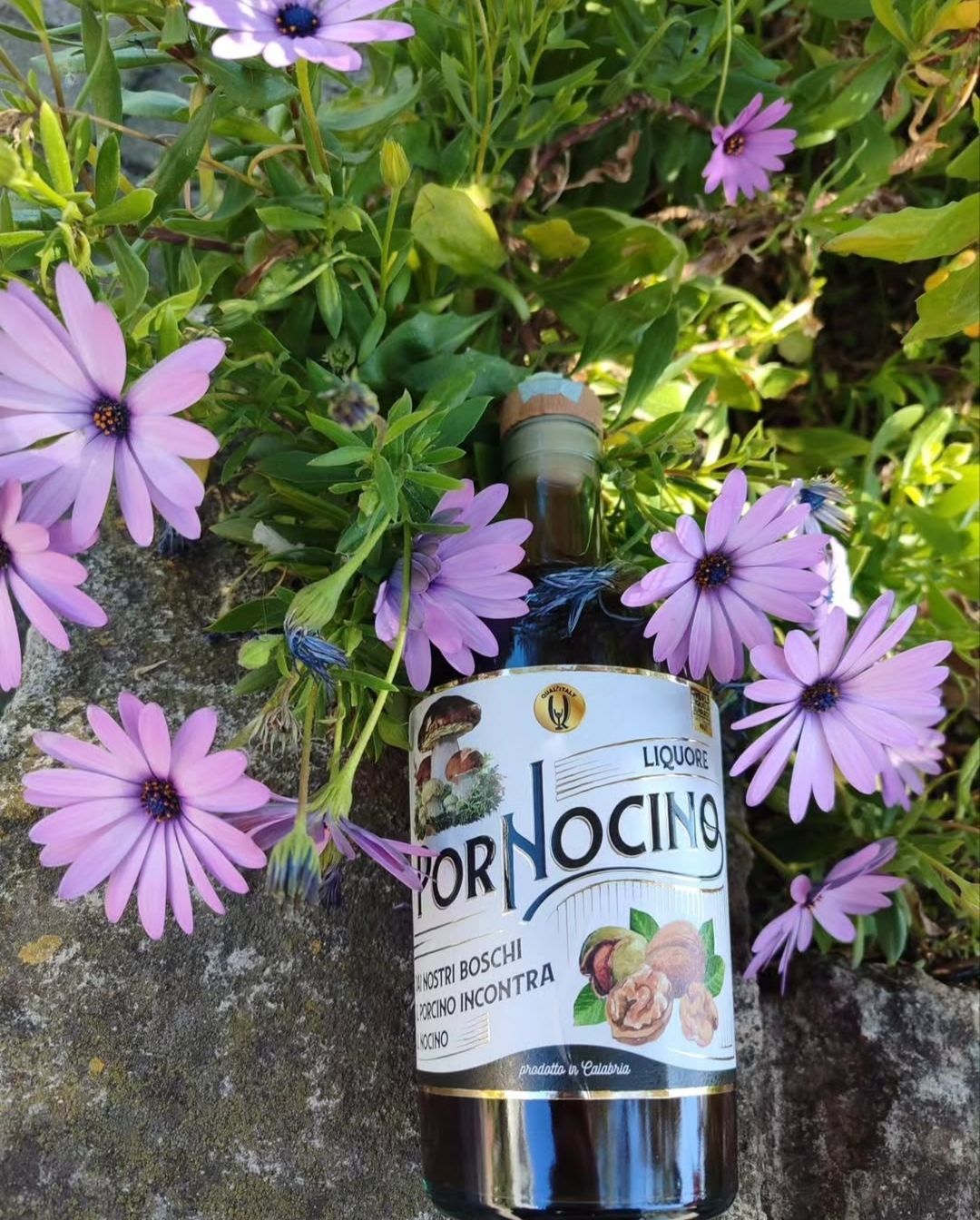 Bottiglia con l’etichetta “TORNOCINO” tra fiori viola e piante verdi all’aperto