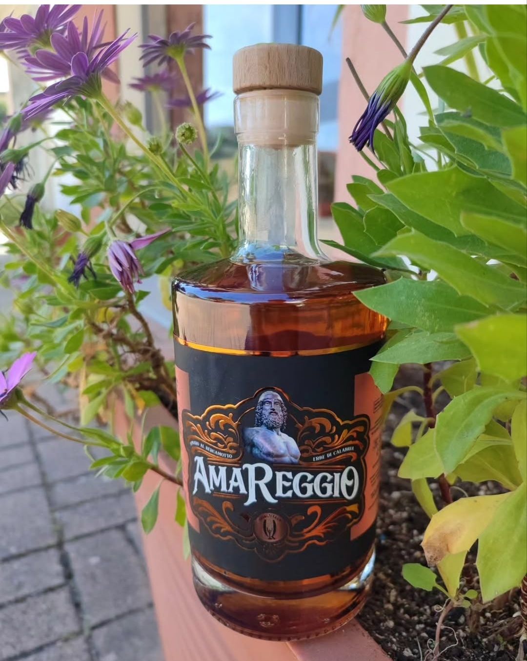 Bottiglia di Amareggo con liquido ambrato tra piante verdi su un patio