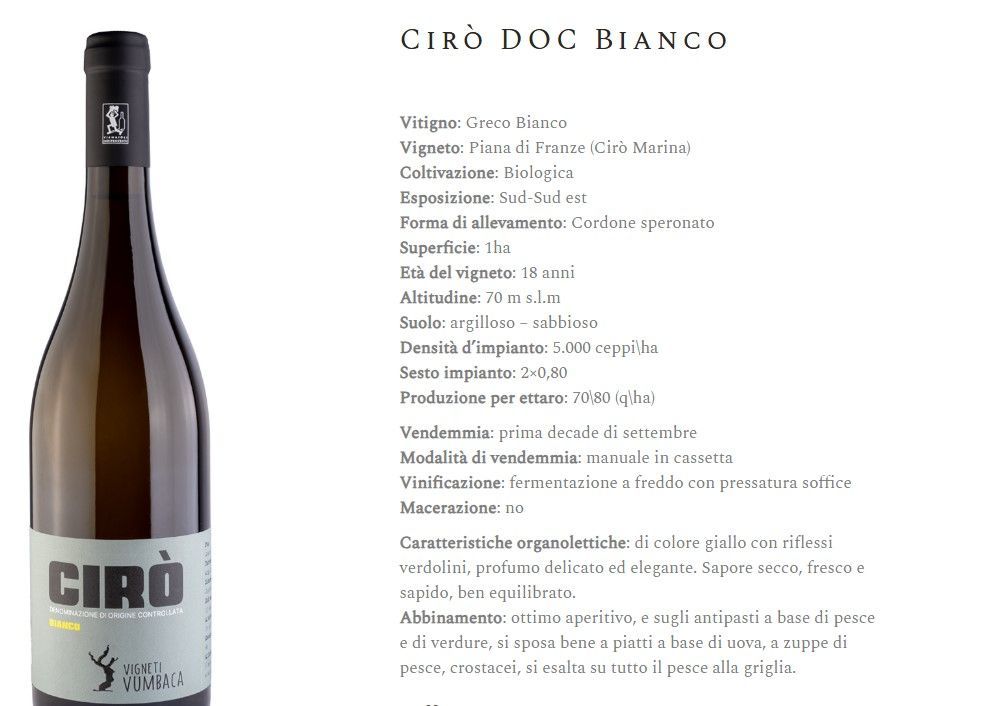 Bottiglia di vino Ciro Doc Bianco accanto a un’etichetta bianca con note di degustazione.