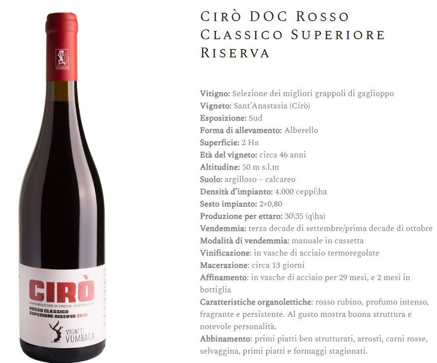 Bottiglia di vino Ciro Doc Rosso Classico Superiore Riserva con il testo dei dettagli del prodotto accanto