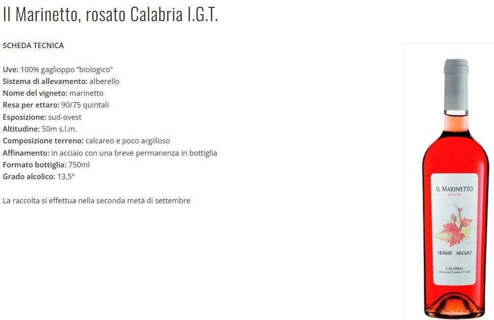 Bottiglia di Il Marinetto rosato Calabria I.G.T. con etichetta di vino rosso e descrizione del prodotto
