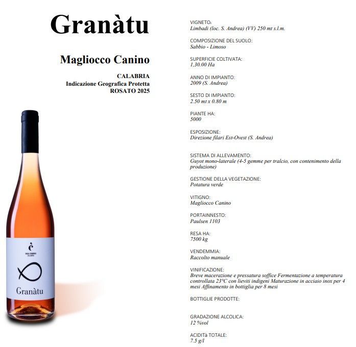 Etichetta di vino per Granátu Magliocco Canino, con una bottiglia accanto a una descrizione dettagliata del prodotto.