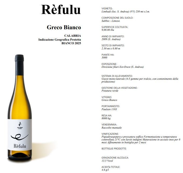Bottiglia di vino Rèfulu Greco Bianco con etichetta, su una scheda informativa del prodotto bianca