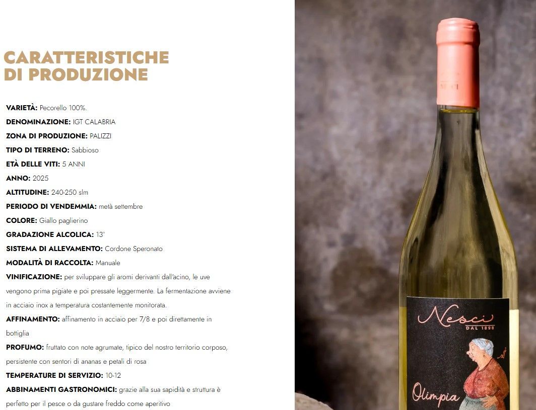 Etichetta di vino italiano accanto al testo con le caratteristiche di produzione, con una bottiglia su uno sfondo neutro