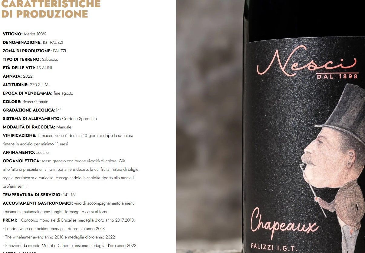 Etichetta di bottiglia di vino con ritratto di profilo su sfondo nero e testo in italiano sul pannello laterale