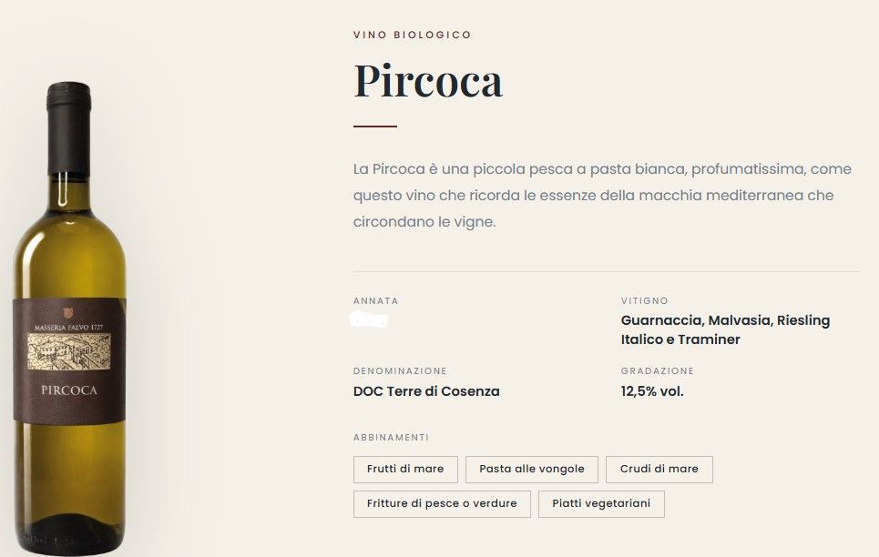 Pagina del prodotto della bottiglia di vino Pircoca con immagine della bottiglia, descrizione, prezzo e opzioni di acquisto