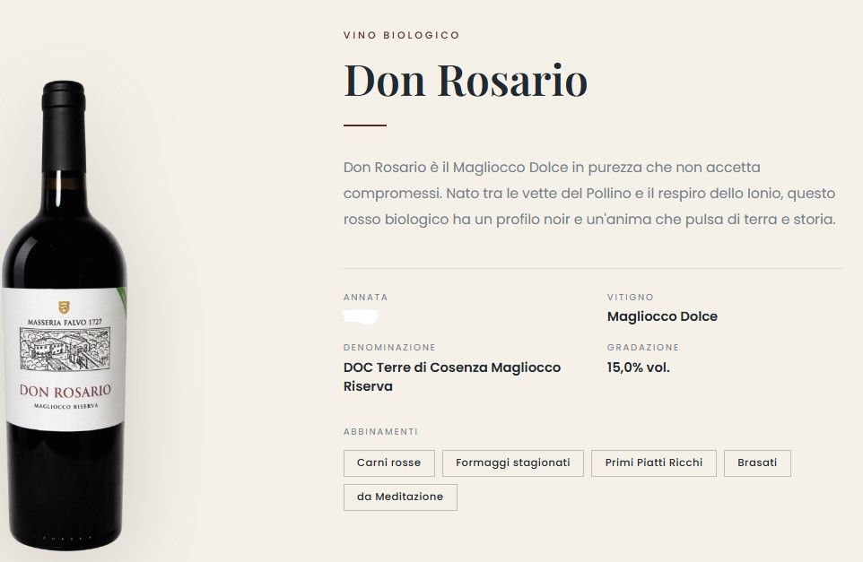 Pagina prodotto del vino Don Rosario con bottiglia, sfondo beige e note di degustazione