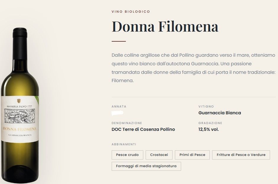 Pagina del prodotto Donna Filomena con foto della bottiglia e pannello descrittivo color crema