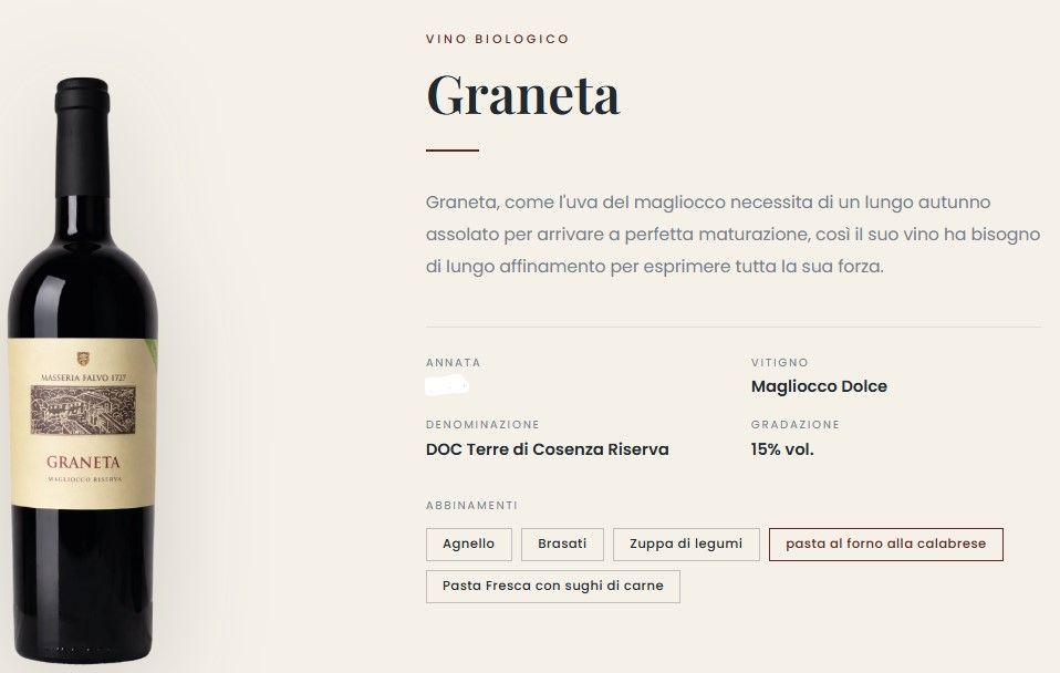 Etichetta di una bottiglia di vino Graneta rosso, con dettagli sul prodotto e opzioni di acquisto su una pagina web beige