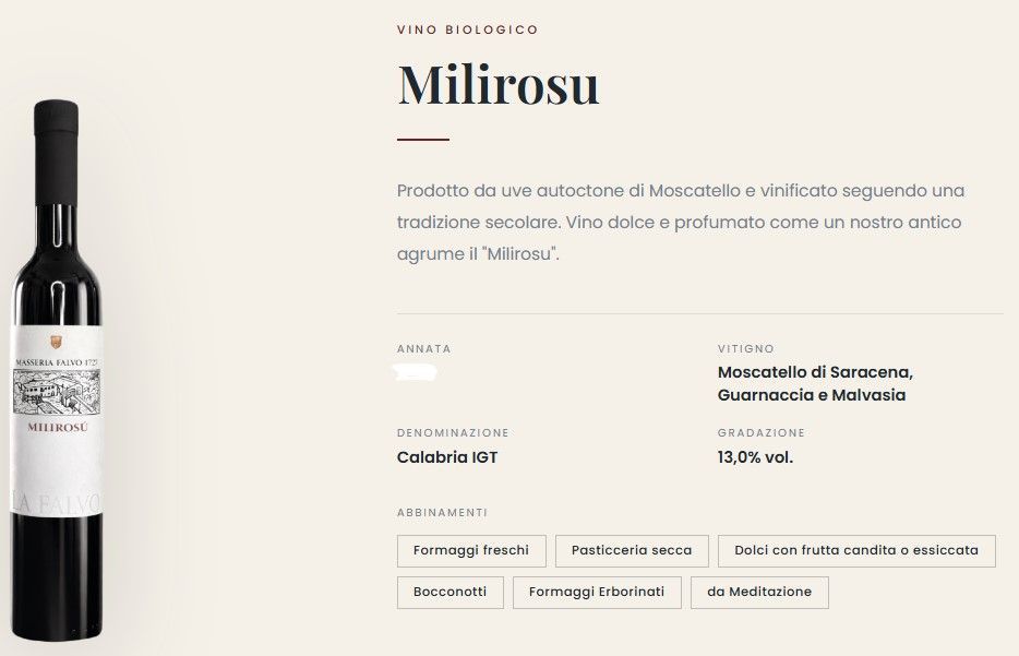 Pagina prodotto del vino Milirosu, con una bottiglia nera a sinistra e i dettagli del prodotto su uno sfondo beige
