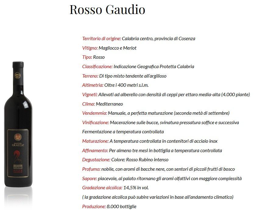 Bottiglia di vino Rosso Gaudio con descrizione del prodotto e note di degustazione in italiano