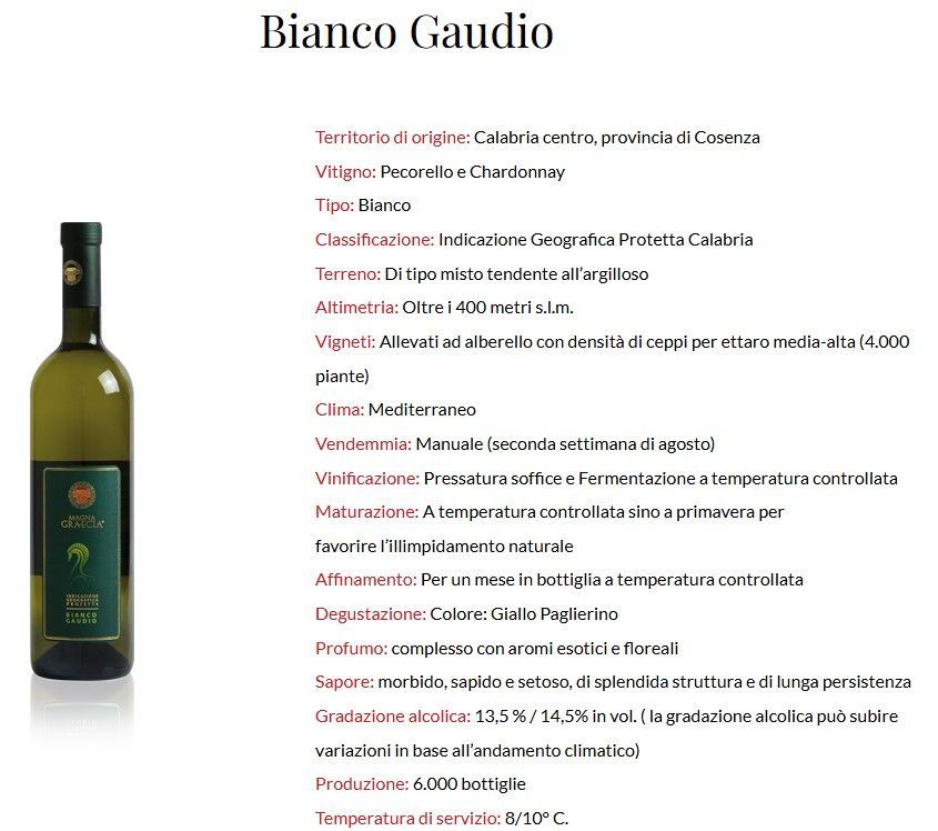 Bottiglia di vino Bianco Gaudio con descrizione del prodotto su sfondo bianco