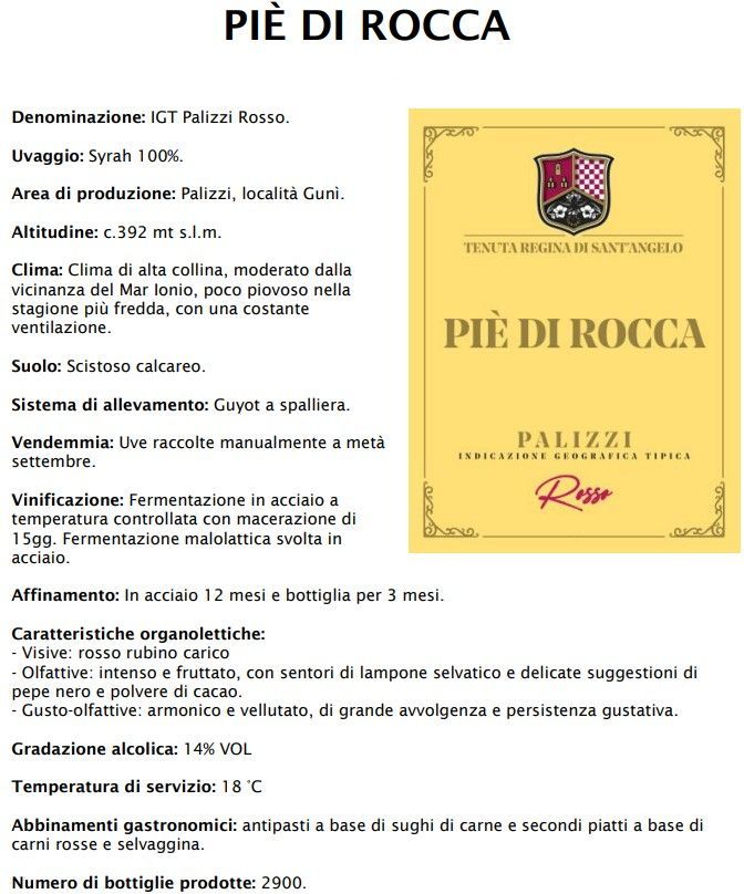 Etichetta del vino Piè di Rocca con sfondo giallo, stemma araldico e marchio “Palazzi Rosso”