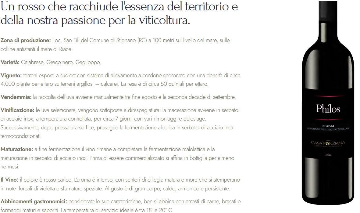 Pubblicità di vino italiano con una bottiglia nera a destra e il testo a sinistra.
