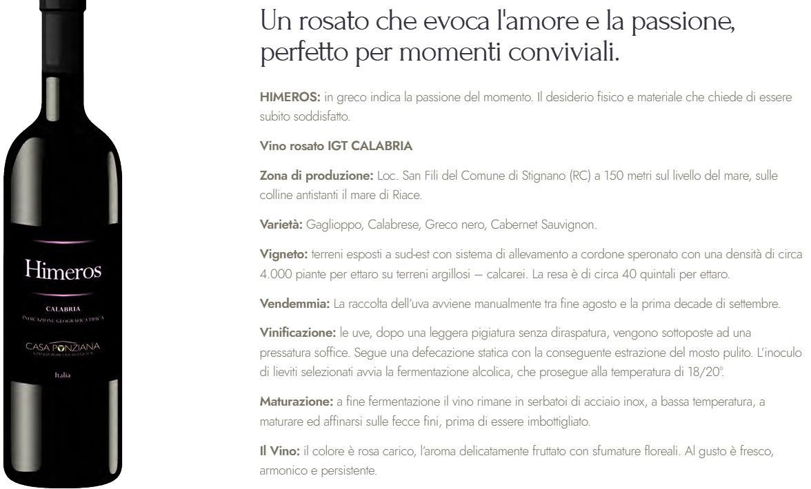 Bottiglia di vino nera accanto a un testo promozionale in italiano su sfondo bianco