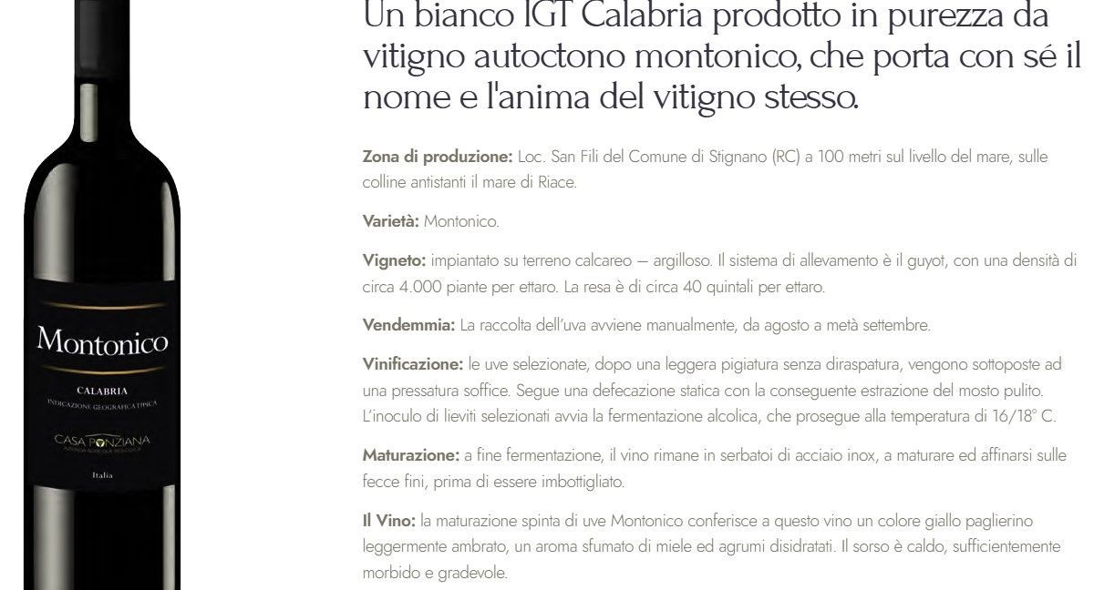 Bottiglia di vino accanto alla descrizione del prodotto in italiano su sfondo bianco