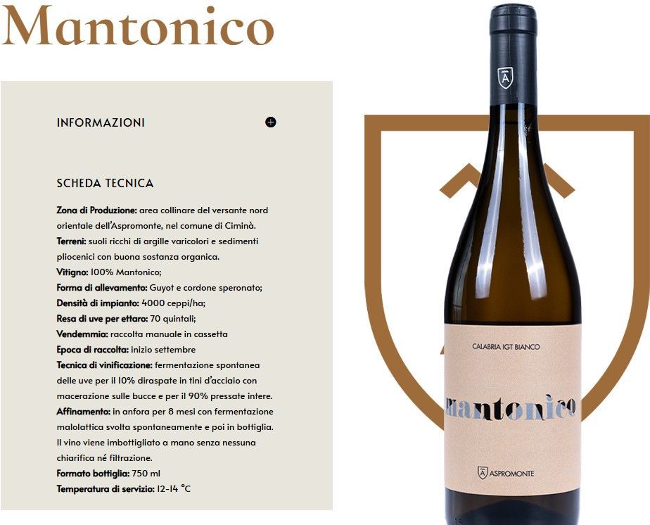Bottiglia di vino Mantonico accanto a un pannello informativo tecnico su sfondo bianco