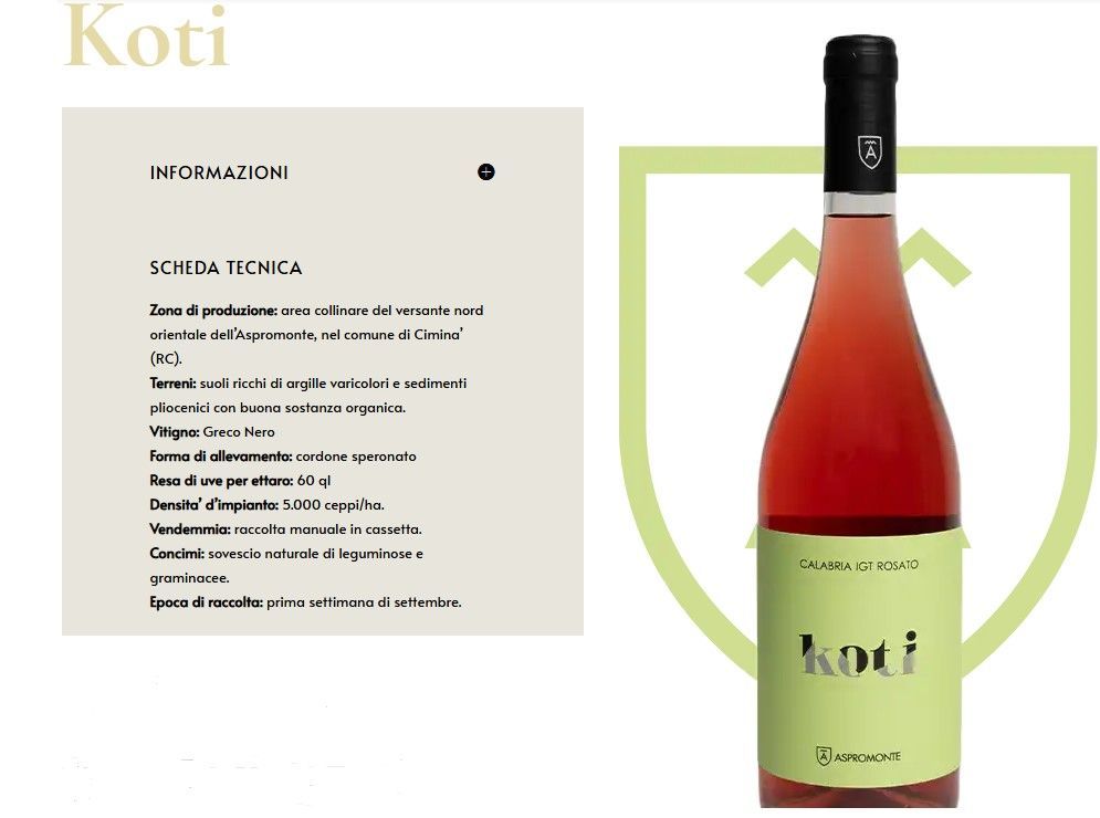 Bottiglia di vino rosé Koti con etichetta e pannello informativo su sfondo verde chiaro