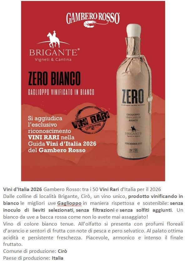 Etichetta e bottiglia di vino rosso per Brigante Gambero Rosso Zero Bianco su sfondo rosso