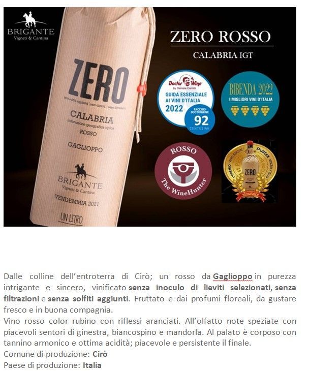 Etichetta per bottiglia del vino calabrese IGT “Zero Rosso”, con medaglie dei premi su sfondo nero