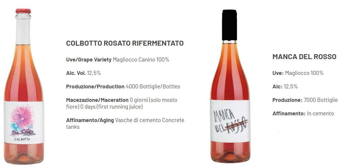 Due bottiglie di vino rosé con etichette e descrizioni dei prodotti in spagnolo su sfondo bianco