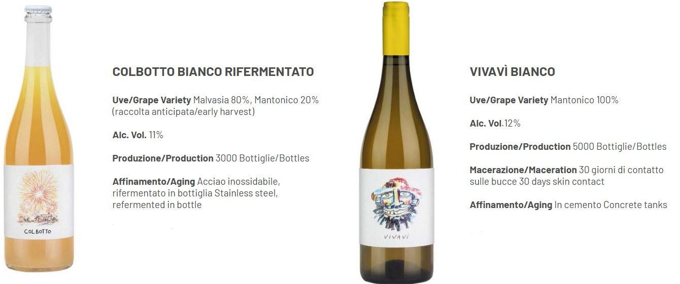 Due bottiglie di vino con etichette e descrizioni dei prodotti su sfondo bianco
