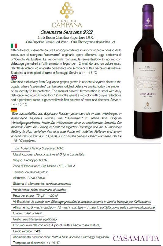 Etichetta di vino con una bottiglia viola e note di degustazione multilingue su sfondo bianco