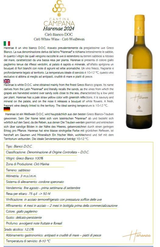 Etichetta di vino con testo in italiano e una bottiglia di vino bianco dorato sulla destra.