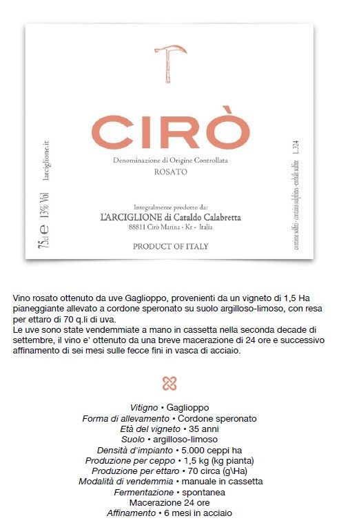 Etichetta circolare bianca con la scritta corallo “CIRO” e piccoli dettagli sul prodotto in italiano sulla confezione