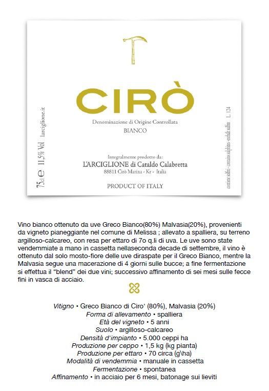 Etichetta del prodotto CIRÒ con logo dorato e testo in spagnolo su sfondo bianco.
