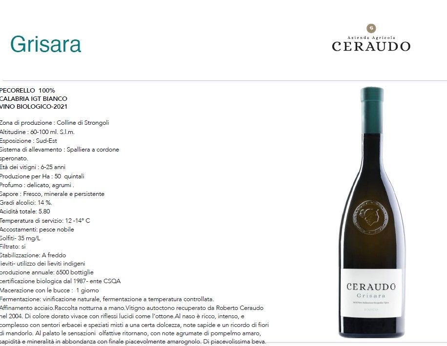 Etichetta e bottiglia del vino Ceraudo Grisara su sfondo bianco, con testo descrittivo del prodotto