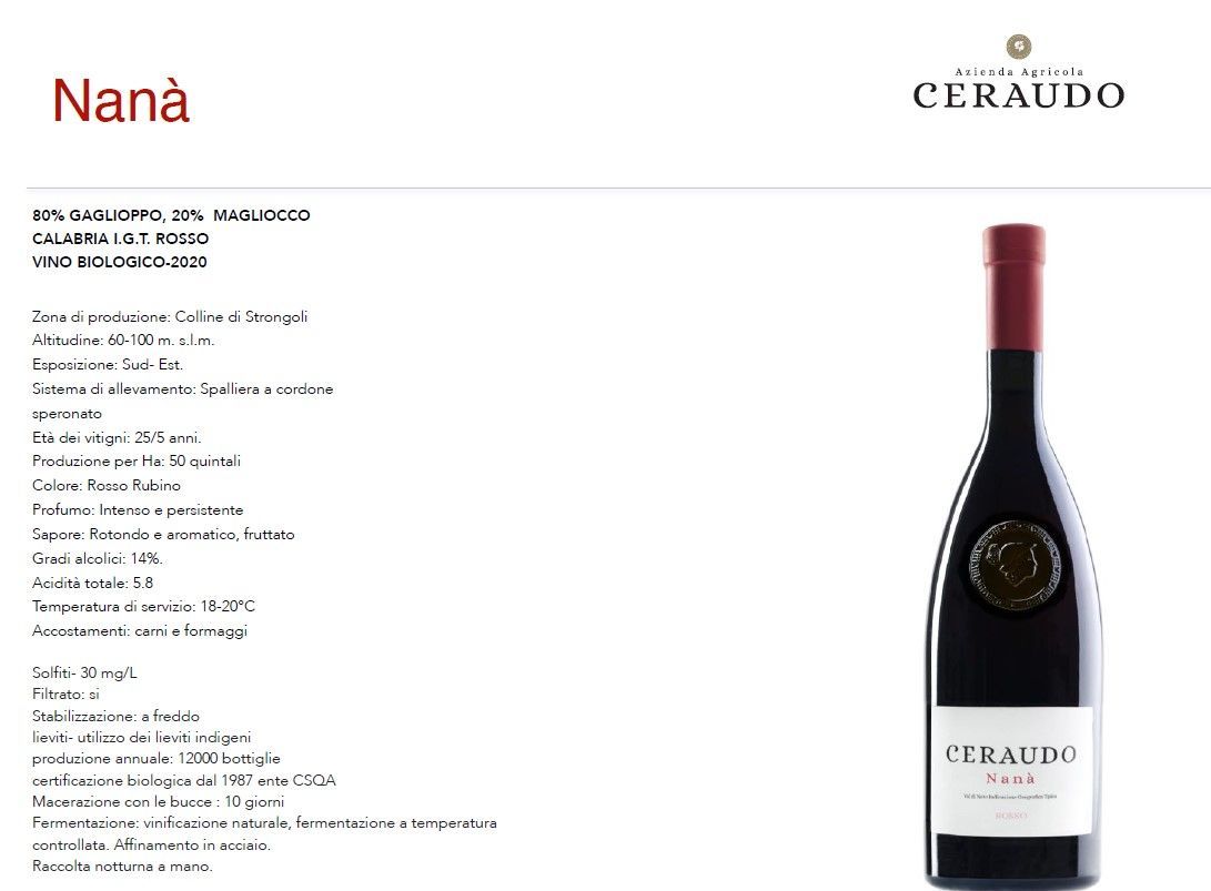 Etichetta del vino Cerro Ameno Nana con illustrazione della bottiglia e dettagli del prodotto su sfondo bianco