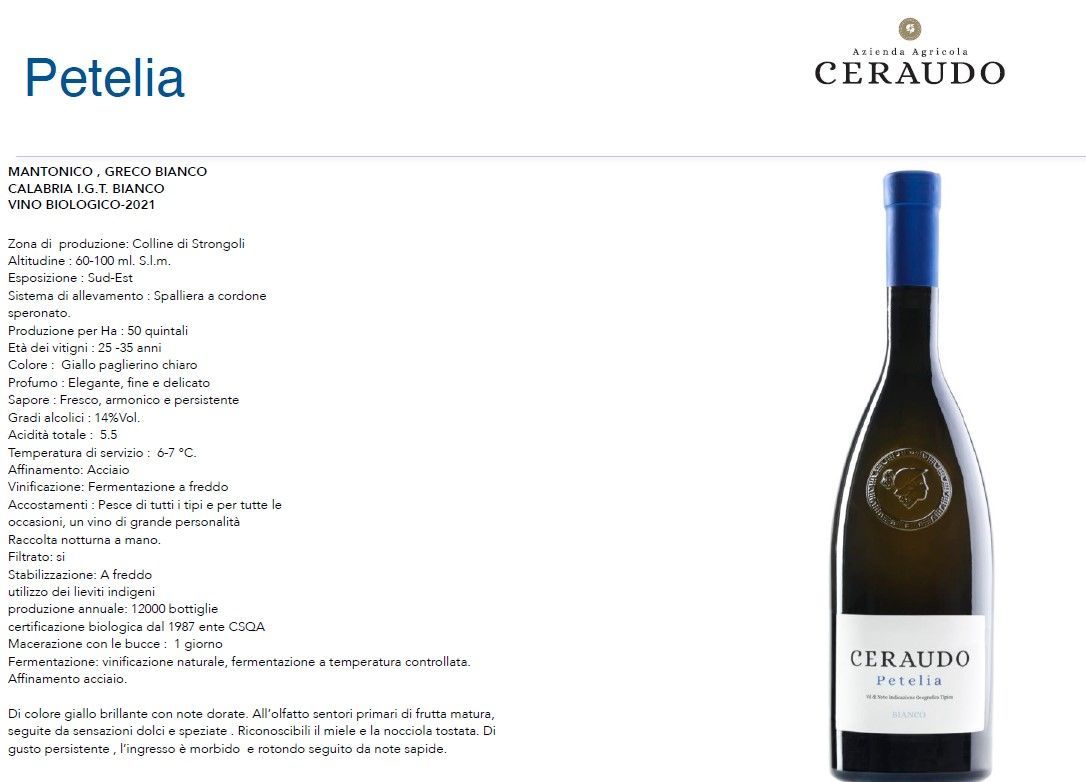 Etichetta del vino Petelia e note di degustazione con una bottiglia di Ceraulo su sfondo bianco