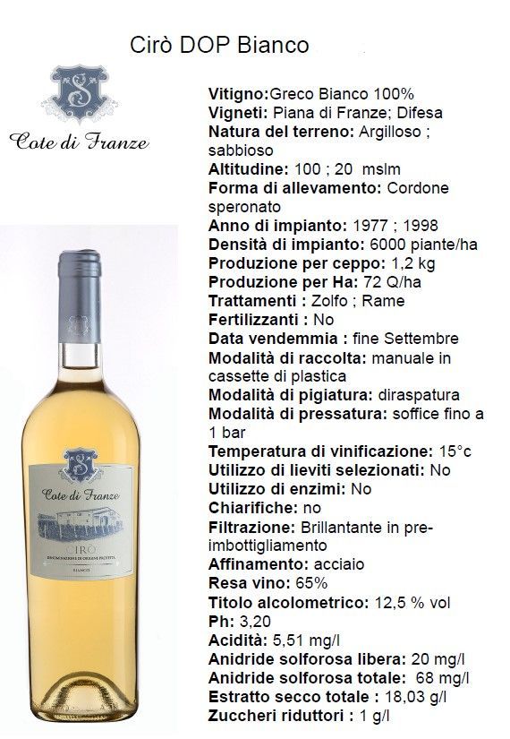 Bottiglia di vino bianco Cirò DOP con etichetta gialla e dettagli del prodotto sulla destra