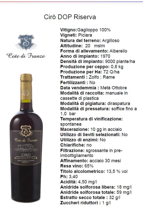 Etichetta di una bottiglia di vino con note di degustazione e specifiche in italiano su sfondo bianco
